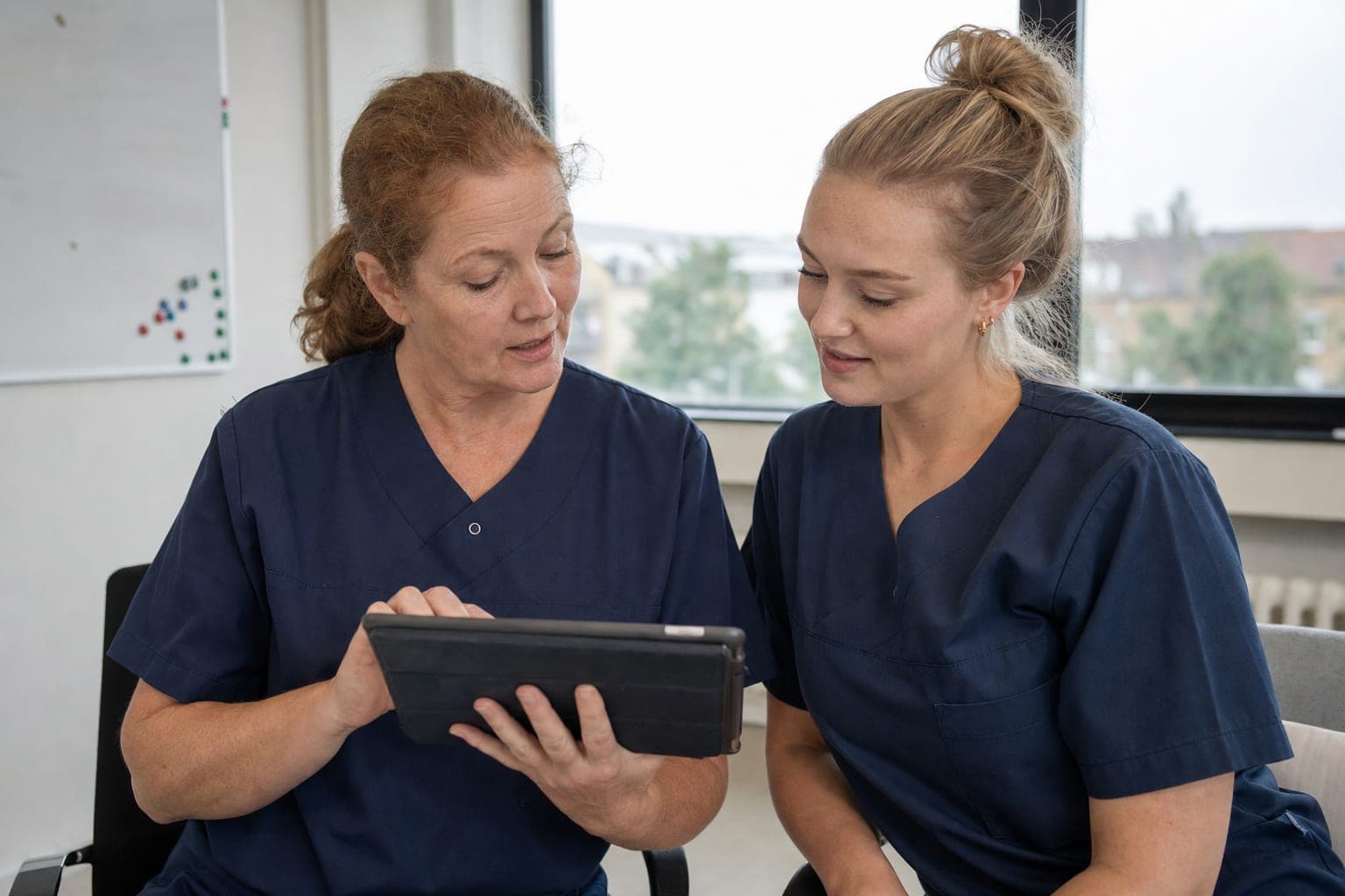 Betriebsinhaber und neue Fachkraft am Tablet in der Werkstatt